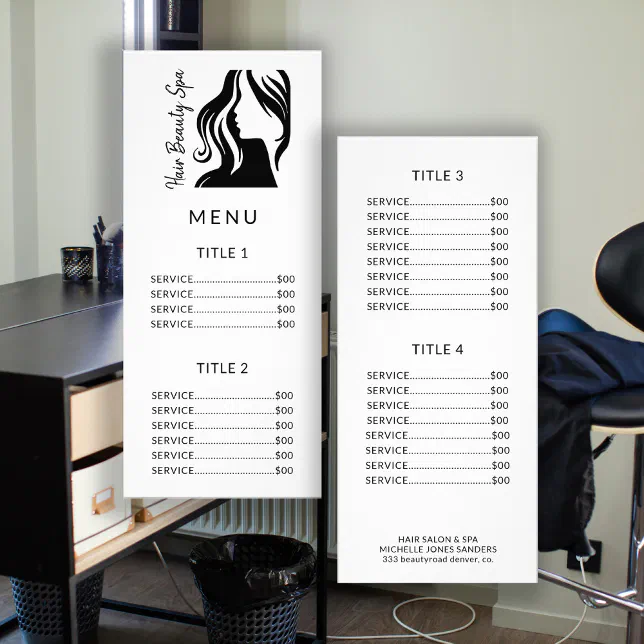 Black logo white salon service menu rack card | Zazzle