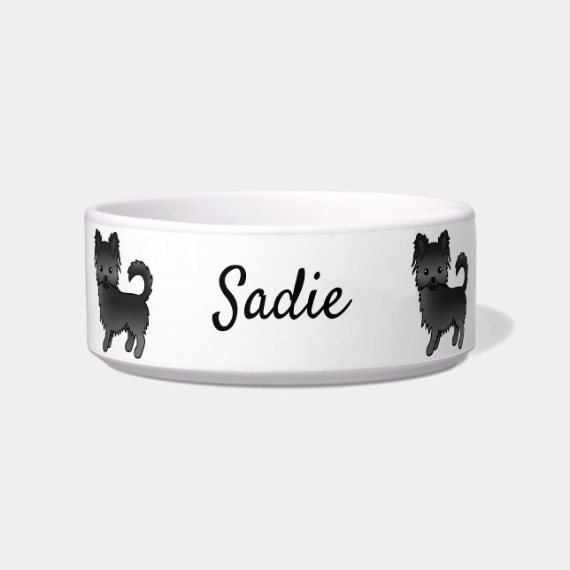 Black Long Coat Chihuahua Cartoon Dog & Name Bowl (Front)