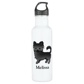 Black Long Coat Chihuahua Cartoon Dog &amp; Name Stainless Steel Water Bottle