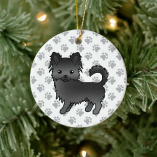 Black Long Coat Chihuahua Cartoon Dog &amp; Paws Ceramic Ornament