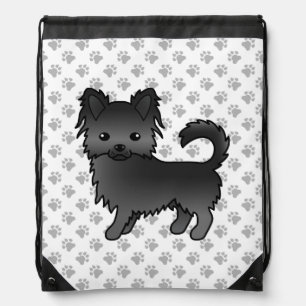 Black Long Coat Chihuahua Cartoon Dog & Paws Drawstring Bag