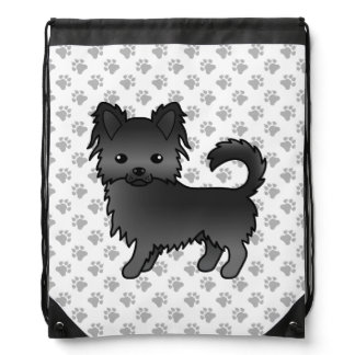 Black Long Coat Chihuahua Cartoon Dog &amp; Paws Drawstring Bag