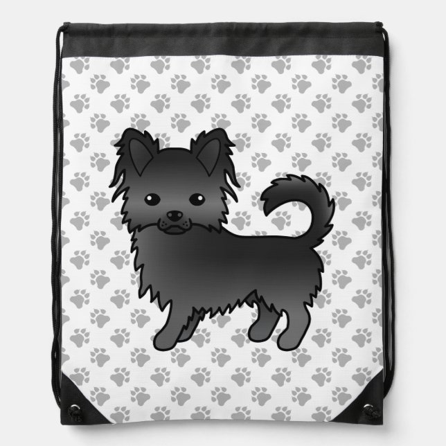 Black Long Coat Chihuahua Cartoon Dog & Paws Drawstring Bag (Front)