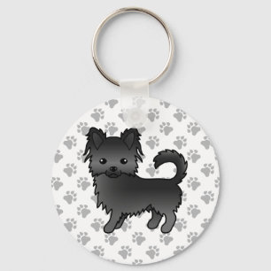 Black Long Coat Chihuahua Cartoon Dog & Paws Keychain