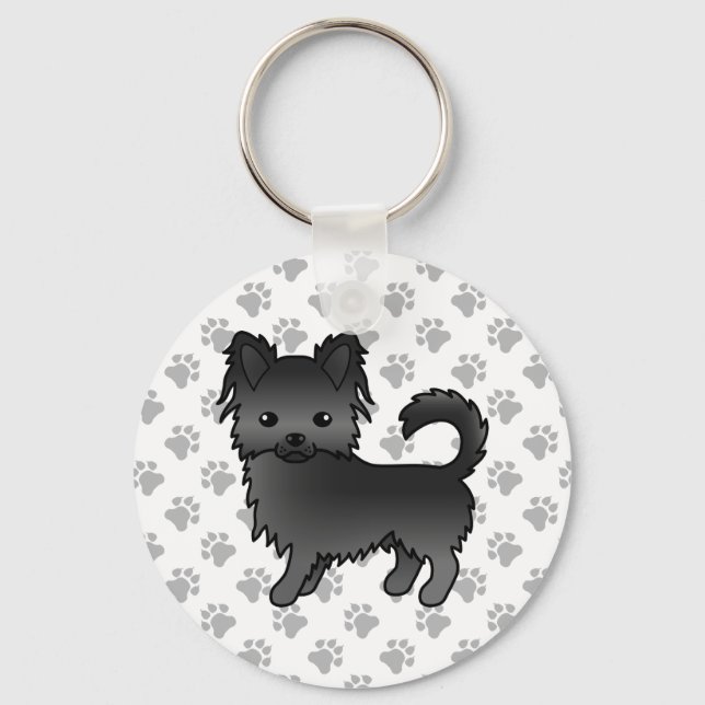 Black Long Coat Chihuahua Cartoon Dog & Paws Keychain (Front)