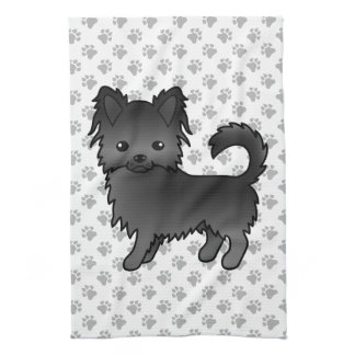 Black Long Coat Chihuahua Cartoon Dog &amp; Paws Kitchen Towel