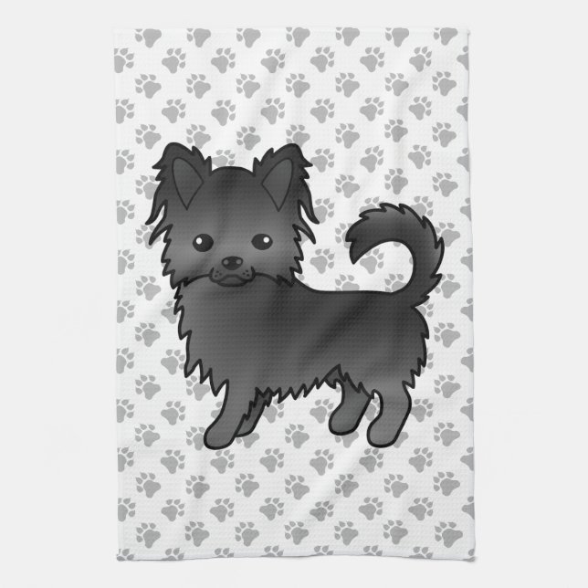 Black Long Coat Chihuahua Cartoon Dog & Paws Kitchen Towel (Vertical)