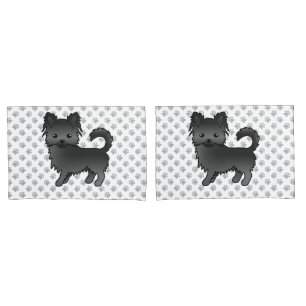 Black Long Coat Chihuahua Cartoon Dog & Paws Pillow Case