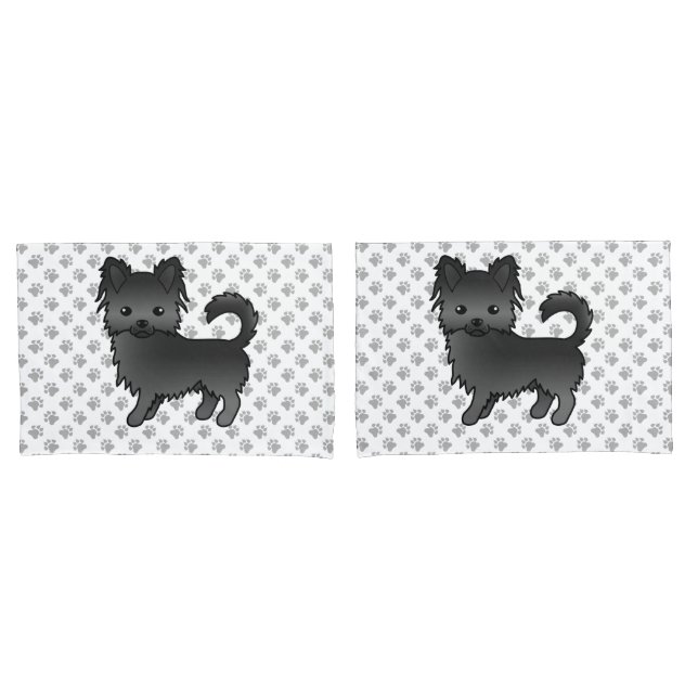 Black Long Coat Chihuahua Cartoon Dog & Paws Pillow Case (Front-Set)