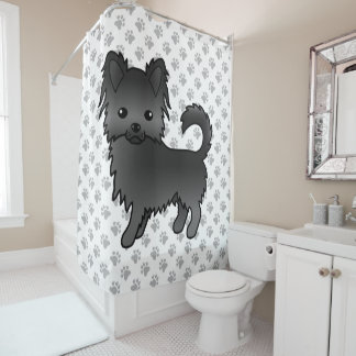 Black Long Coat Chihuahua Cartoon Dog &amp; Paws Shower Curtain