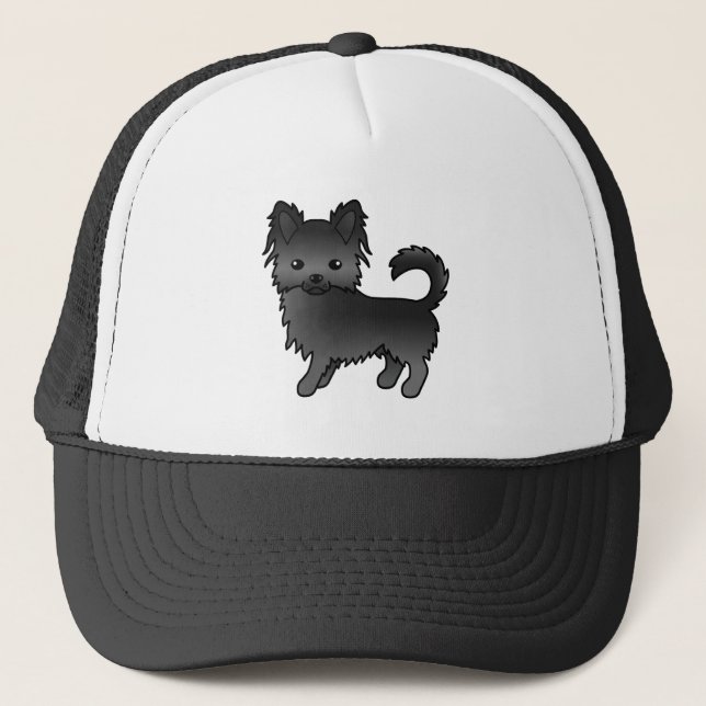 Black Long Coat Chihuahua Cute Cartoon Dog Trucker Hat (Front)