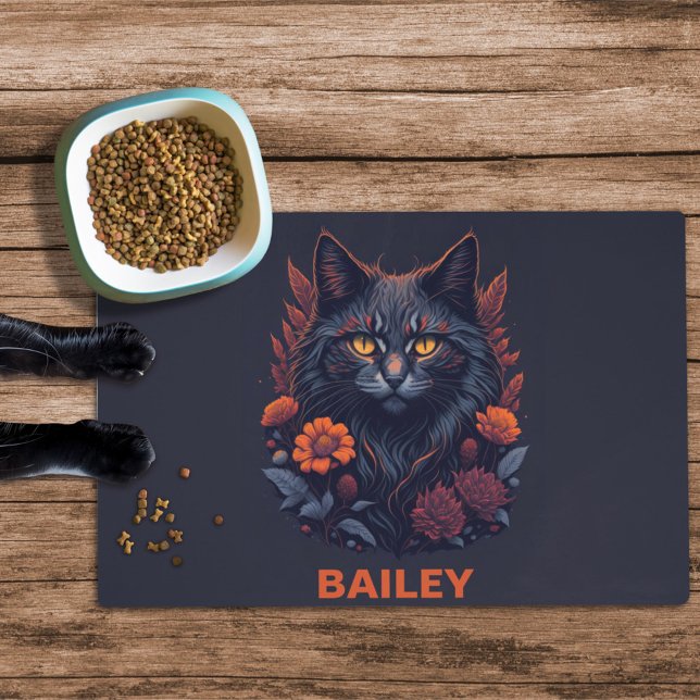 Black Long Haired Cat & Flowers Cat Food Mat (Creator Uploaded)