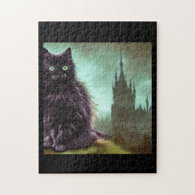 Black long-haired cat green eyes before castle jigsaw puzzle (Vertical)