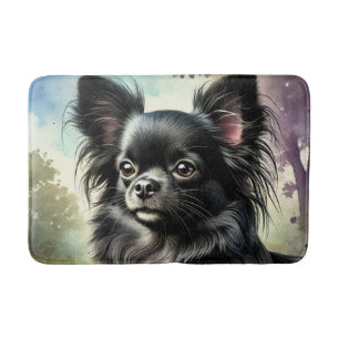 Black Long-Haired Chihuahua in Watercolor Bath Mat