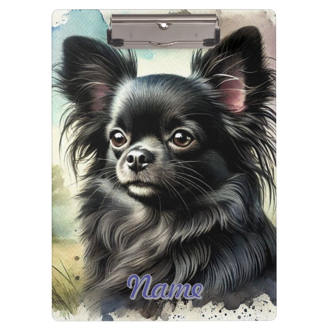Black Long-Haired Chihuahua in Watercolor Clipboard (Front)