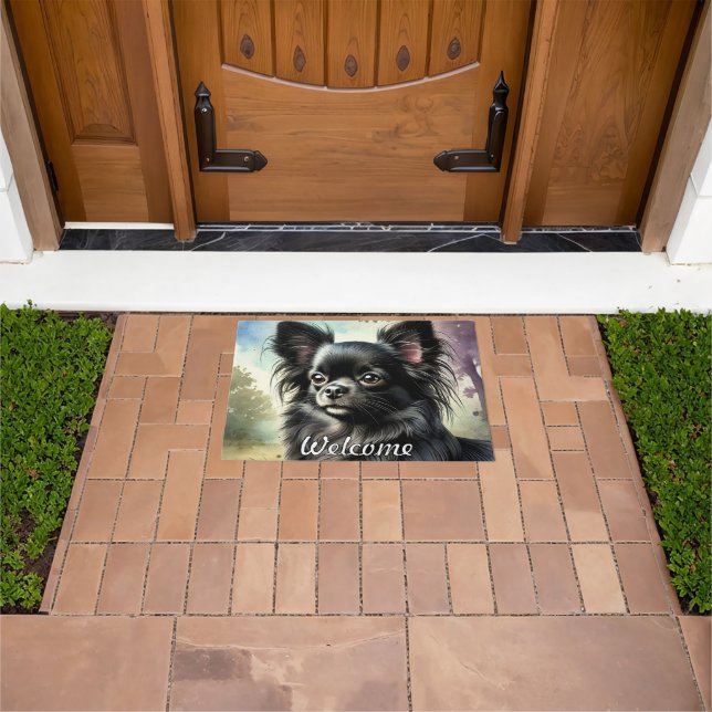 Black Long-Haired Chihuahua in Watercolor Doormat (Outdoor)