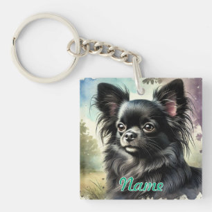 Black Long-Haired Chihuahua in Watercolor Keychain