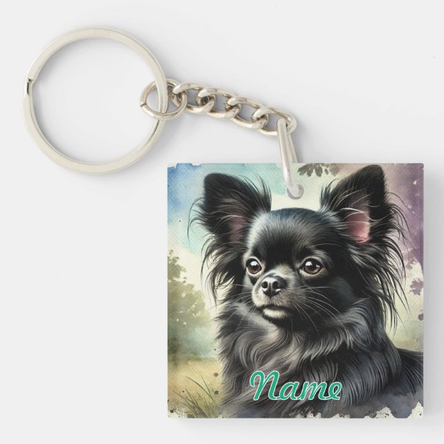 Black Long-Haired Chihuahua in Watercolor Keychain (Front)
