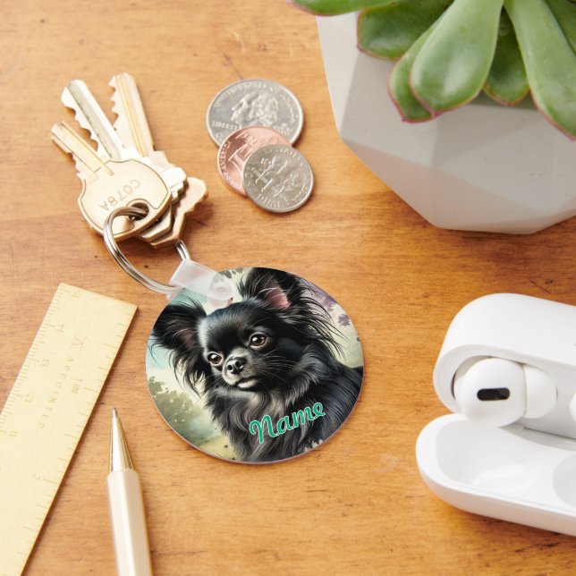 Black Long-Haired Chihuahua in Watercolor Keychain (Desk)