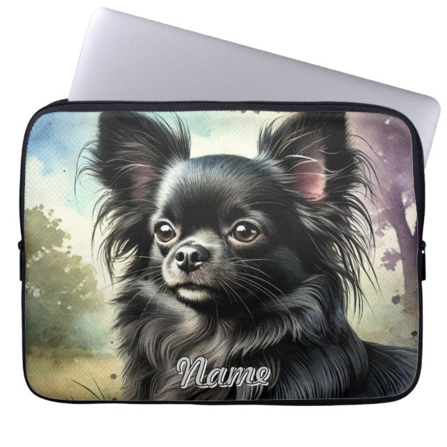 Black Long-Haired Chihuahua in Watercolor Laptop Sleeve (Front)