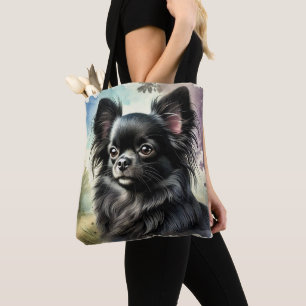 Black Long-Haired Chihuahua in Watercolor Tote Bag