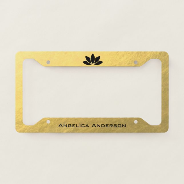Black Lotus Flower Faux Gold Licence Plate Frame (Front)