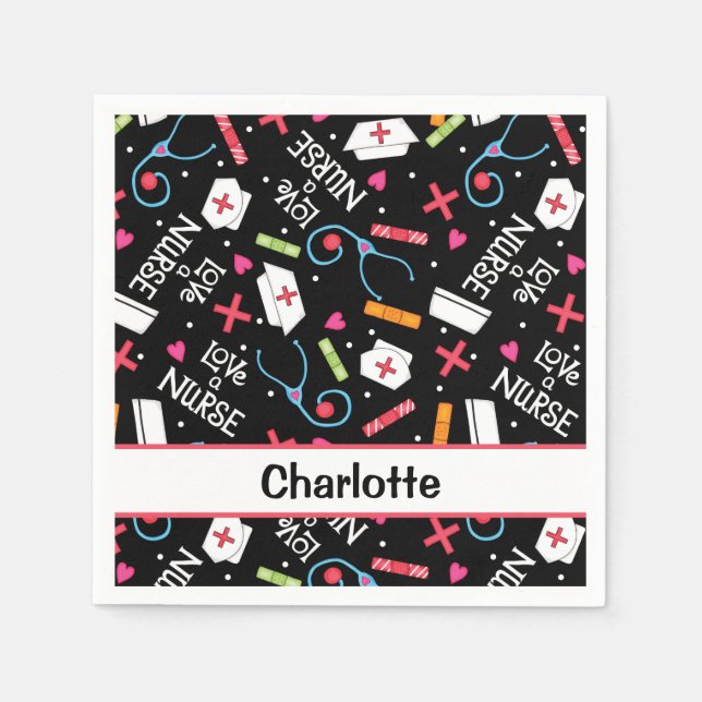 Black Love a Nurse Whimsy Art Personalized Party Napkins (Front)
