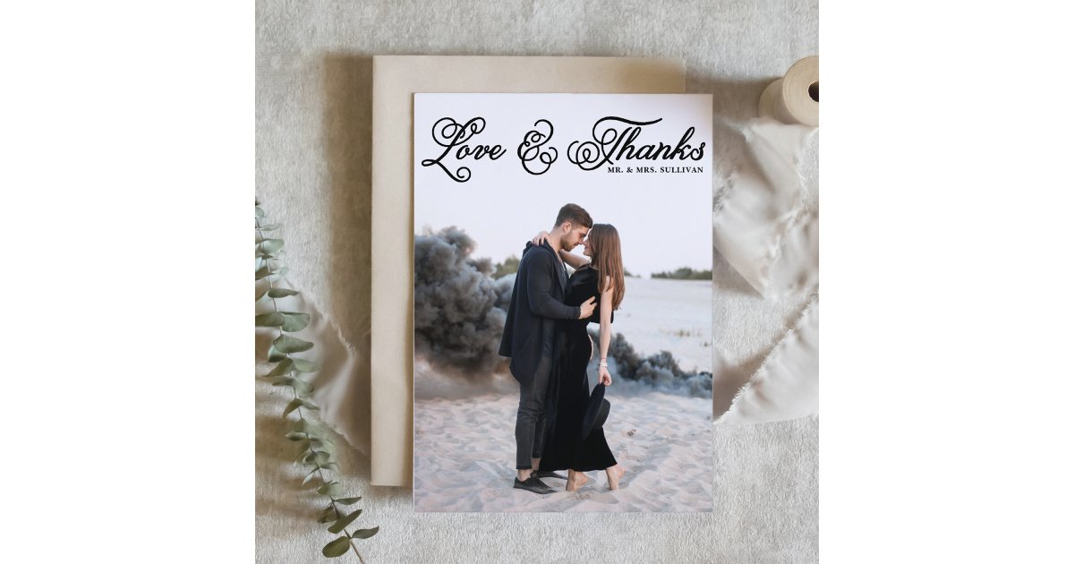 Black Love and Thanks Pretty Script Photo Wedding Thank You Card | Zazzle