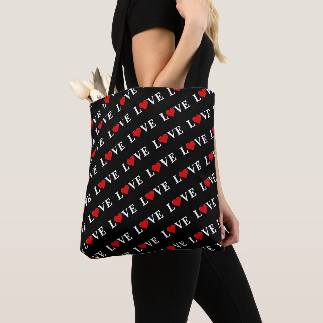 Black LOVE Elegant Trendy Black and White Tote Bag (Close Up)