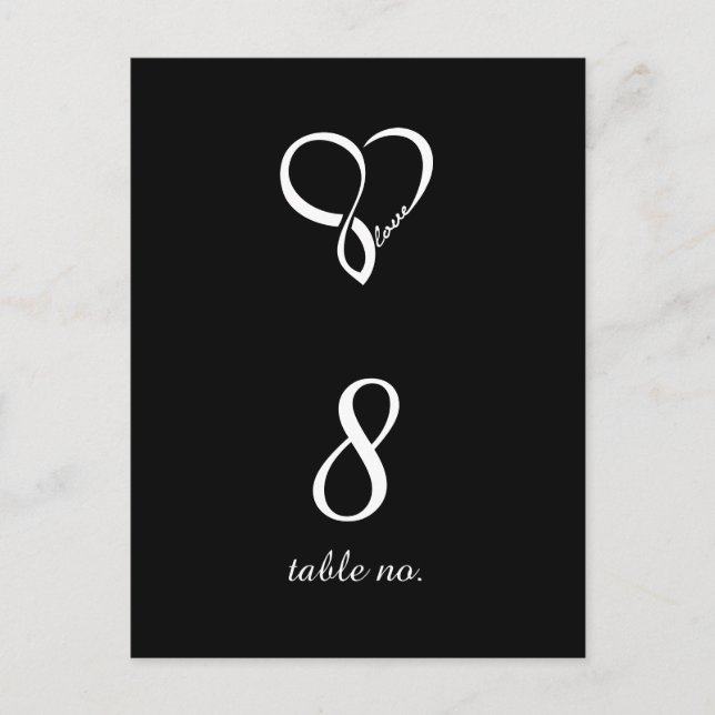 Black Love Heart Wedding Table Number Cards (Front)
