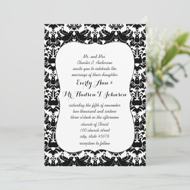 Black Lovebird Damask Wedding Invitation (Standing Front)