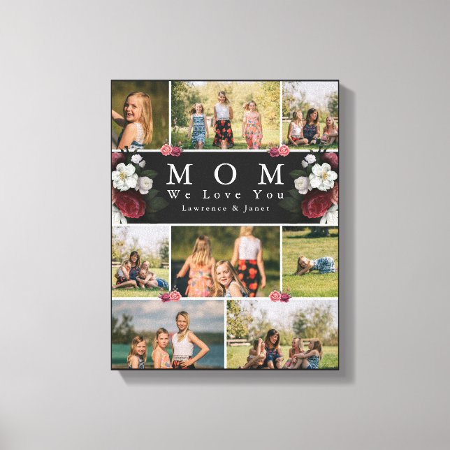 Black Lovely Botanical Floral Mom 8 Photo Collage Canvas Print (Front)
