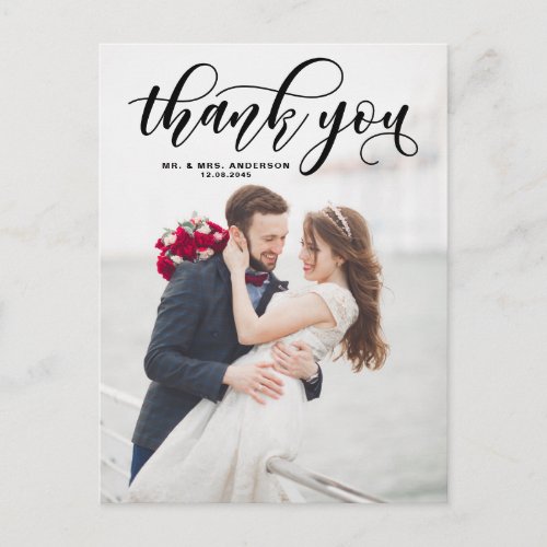 Black Lovely Modern Calligraphy Wedding Thank You Postcard