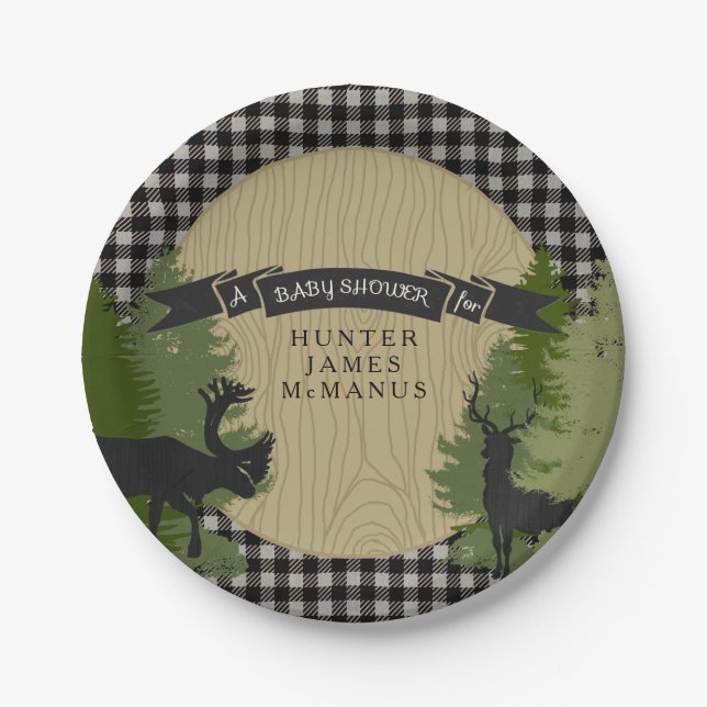Black Lumberjack Forest Woodland Baby Boy Shower Paper Plates (Front)