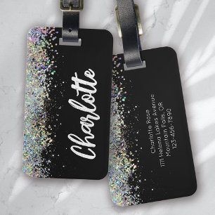 Black Luxe Holographic Glitter Personalized Luggage Tag