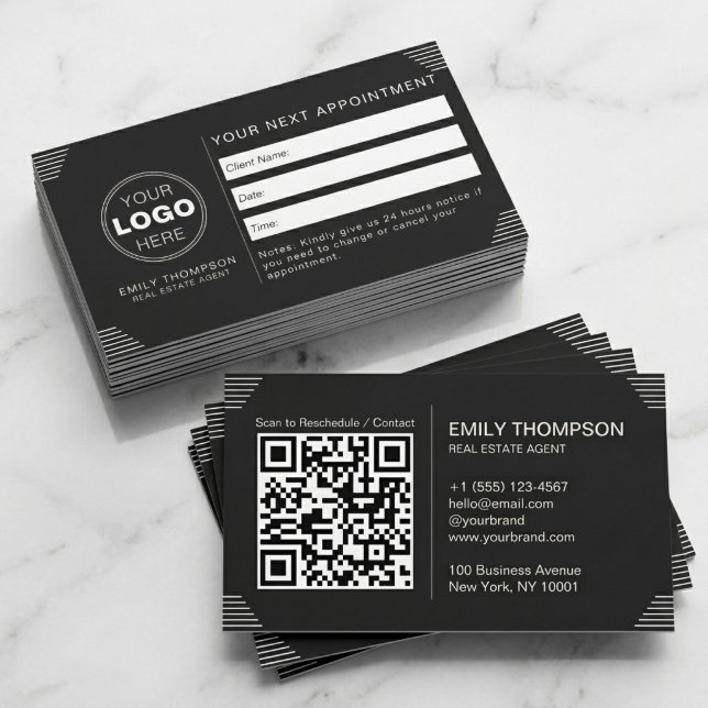 Black Luxury Art Deco QR Code Minimal Design Appointment Card (Luxury Black QR Code Appointment Card for Real Estate Branding)