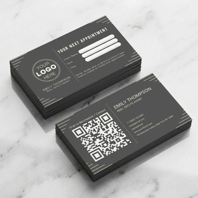 Black Luxury Art Deco QR Code Minimal Design Appointment Card (Luxury QR Code Business Card Template | Modern Appointment Card Design)