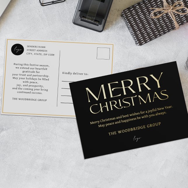 Black Luxury Corporate logo Elegant Font  Foil Holiday Postcard (Creator Uploaded)