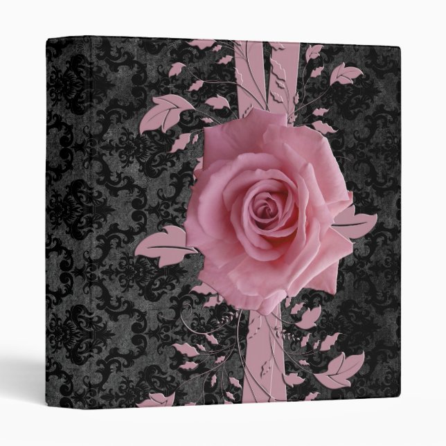 Black Luxury Damask Pink Rose Binder (Front/Spine)