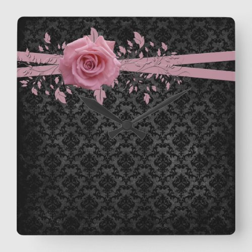 Black Luxury Damask Pink Rose Clock