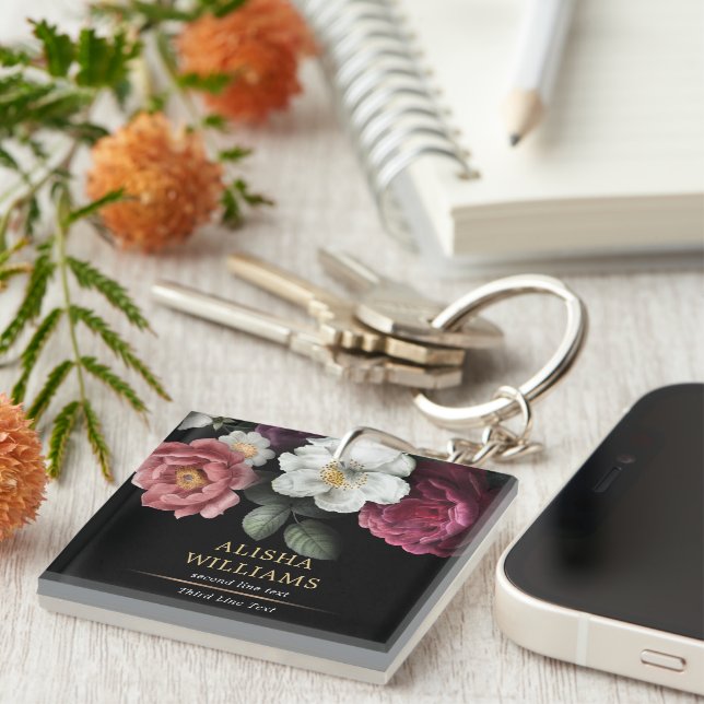 Black Luxury Floral Gold Personalized Keychain (Front Right)
