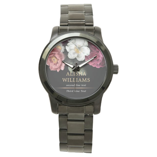 Black Luxury Floral Personalized Watch (Front)