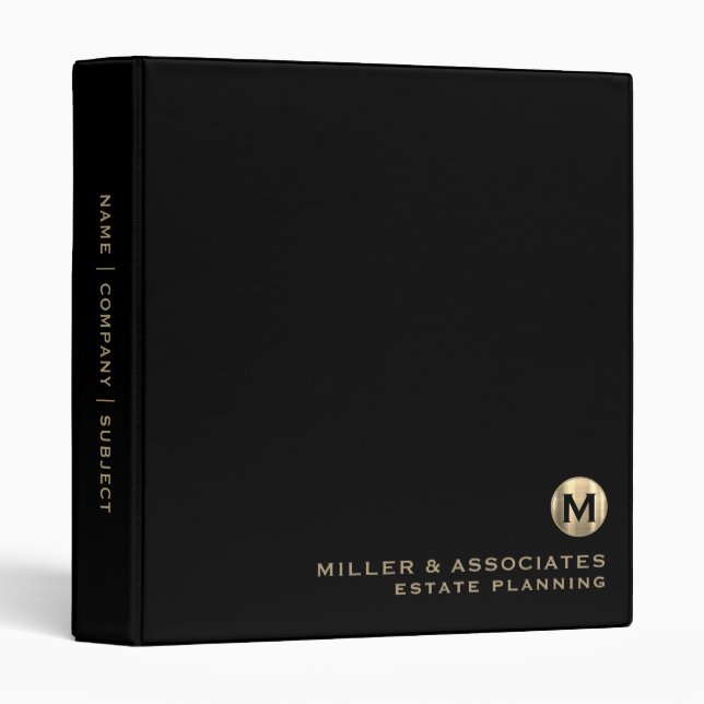 Black Luxury Gold Initial Logo 3 Ring Binder (Front/Spine)
