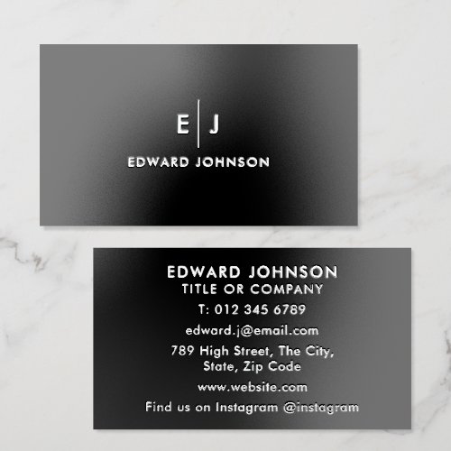 Black Luxury Monogram Modern Professional Silver Foil Business Cards