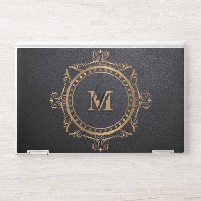 Black Luxury ornamental mandala bronze HP Laptop Skin (Front)