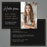 Black Luxury Real Estate Marketing Postcard<br><div class="desc">Make a bold impression with this luxury real estate marketing postcard. The elegant black background and subtle gold accents create a premium, trustworthy look that sets your brand apart. Perfect for promoting listings, open houses, or your personal real estate services. Designed for agents who want clients to remember their professionalism...</div>
