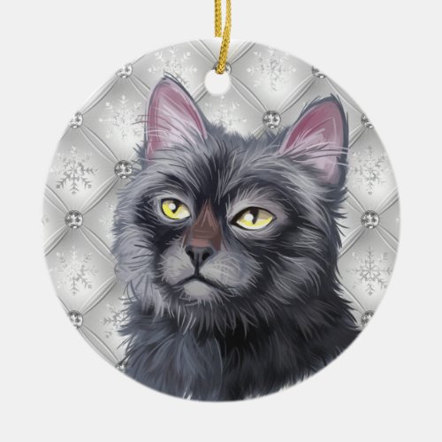 BLACK LYKOI CAT WHITE TUFTED HOLIDAY CERAMIC ORNAMENT