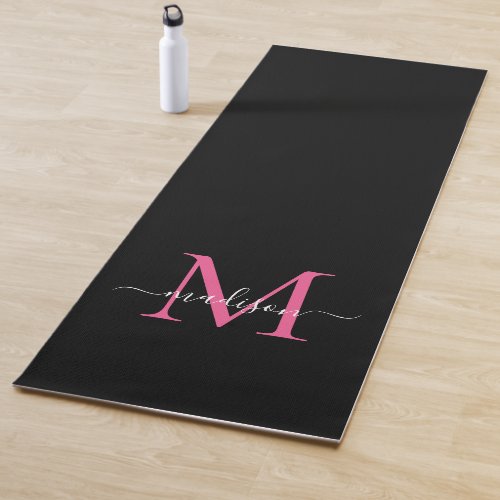 Black Magenta Blush Pink Monogram Elegant Feminine Yoga Mat