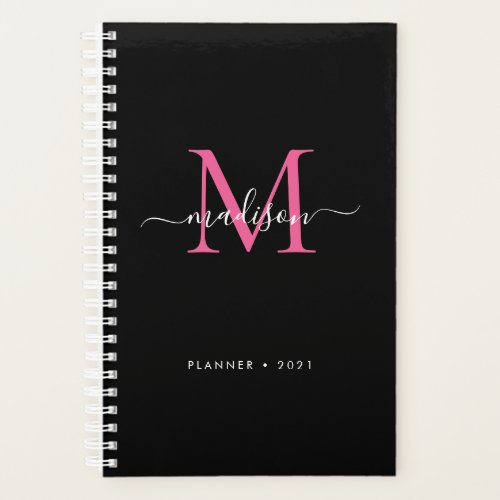 Black Magenta Pink Girly Monogram Script Name 2021 Planner