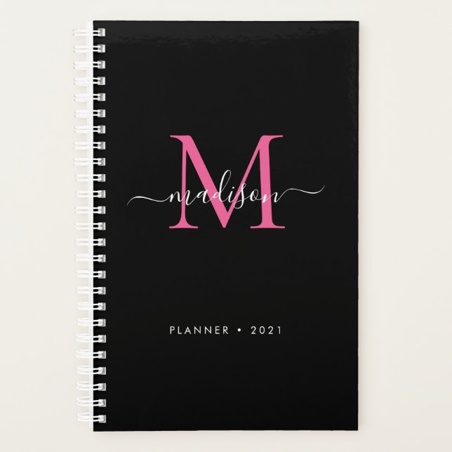 Black Magenta Pink Girly Monogram Script Name 2021 Planner (Front)